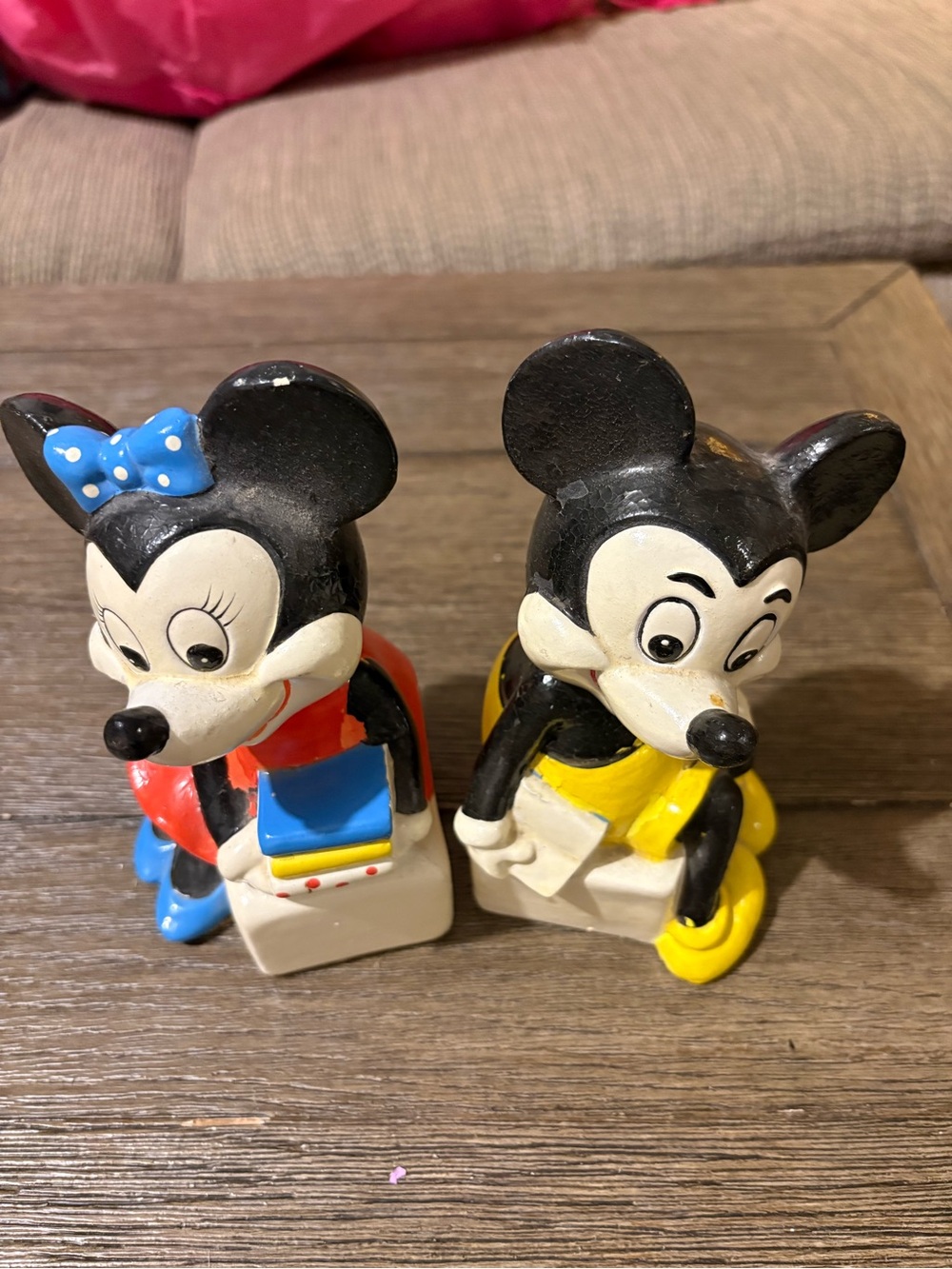 Vintage Style Black and White Mouse Figurine Toy Pair - Yellow & Red Accents
